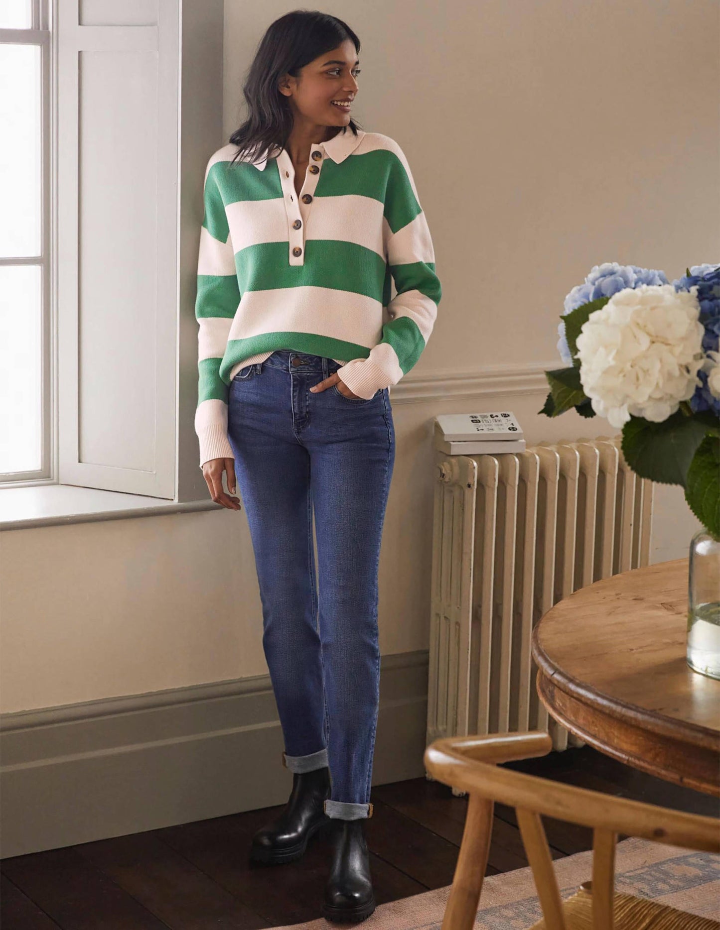 Striped Knitted Rugby Jumper-Milkshake and Irish Green