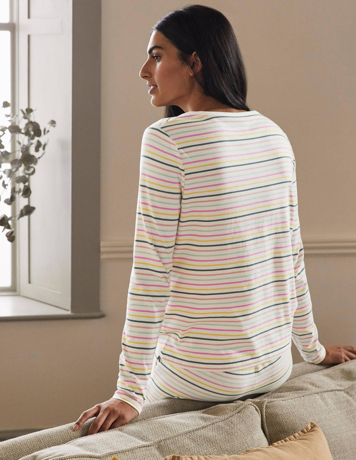Emma Long Sleeve Pyjama Top-Pale Lemon and Heath Stripe - Image 3