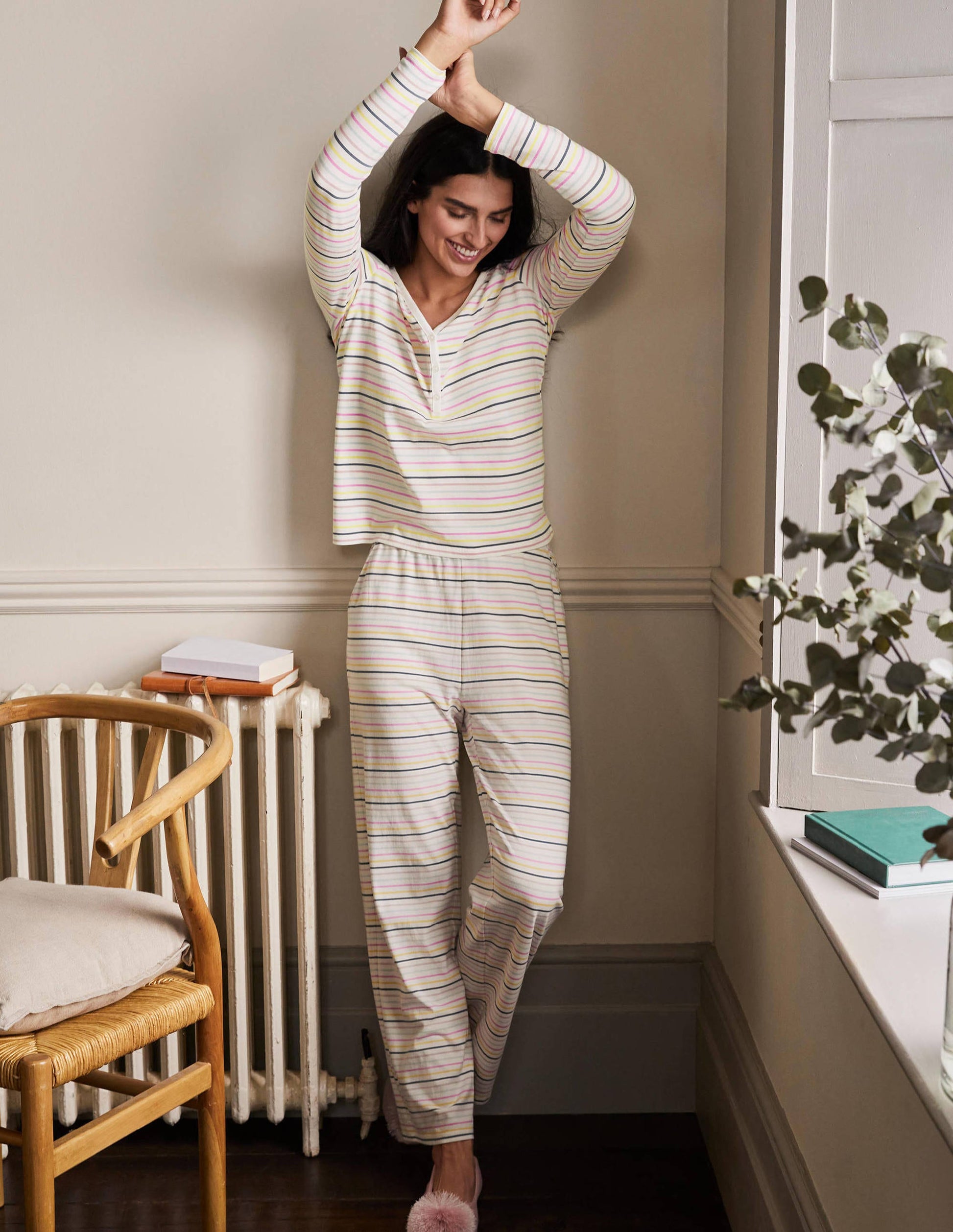 Emma Long Sleeve Pyjama Top-Pale Lemon and Heath Stripe-4