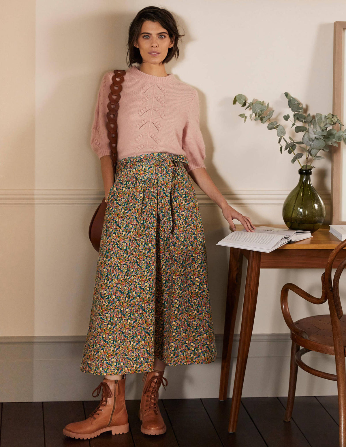 Tie Waist Cord Midaxi Skirt-Dusty Red, Floral Print - Image 1