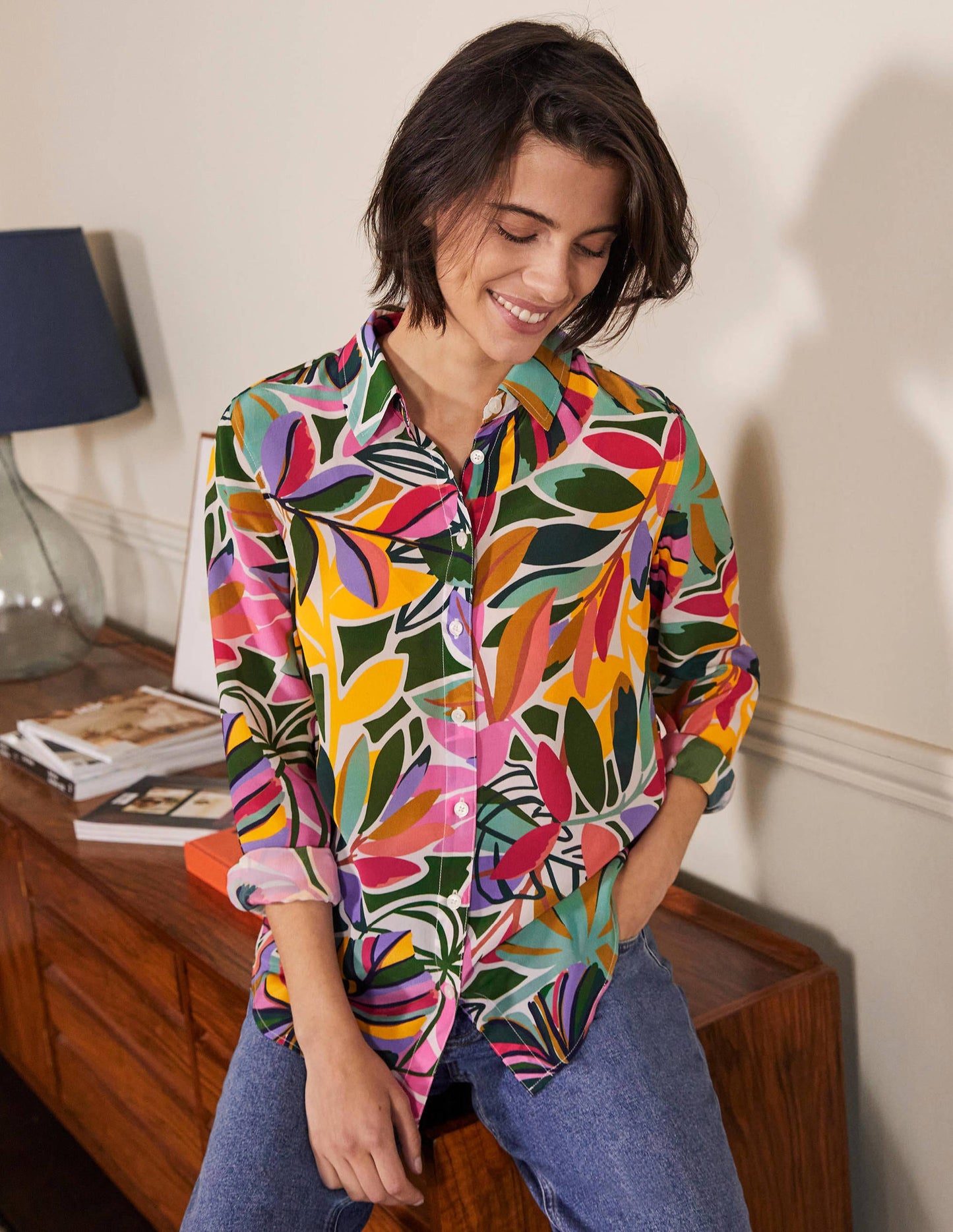 Silk Shirt-Ivory, Tropic Palm