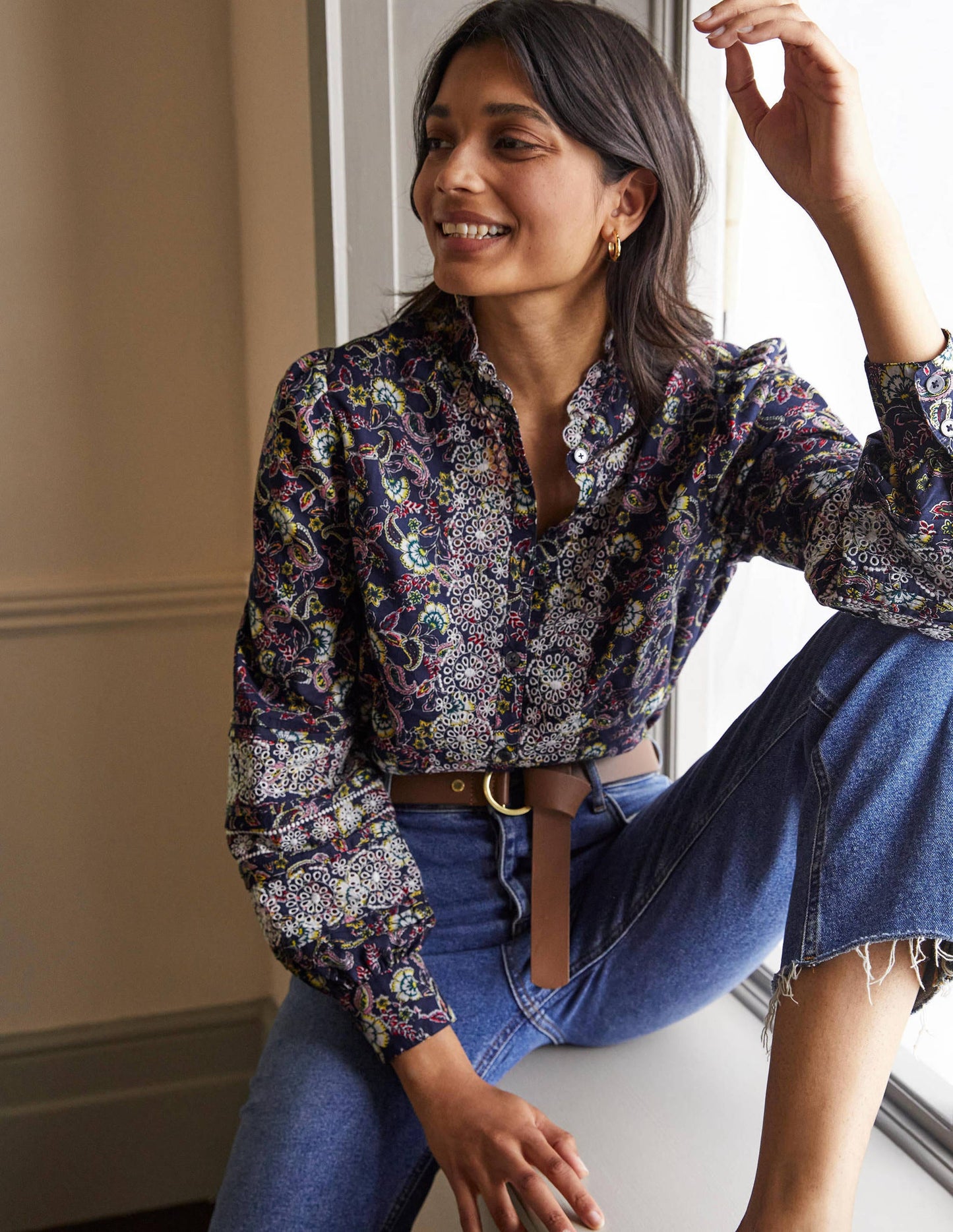 Broderie Cotton Blouse-French Navy, Exotic Floral