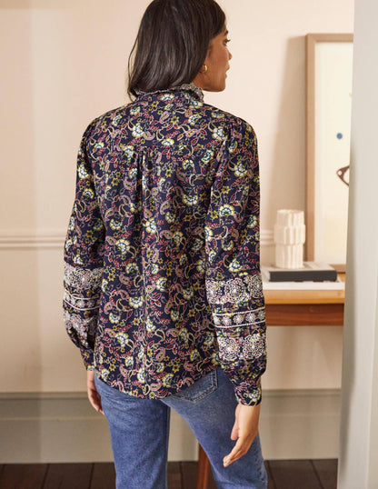Broderie Cotton Blouse-French Navy, Exotic Floral-2