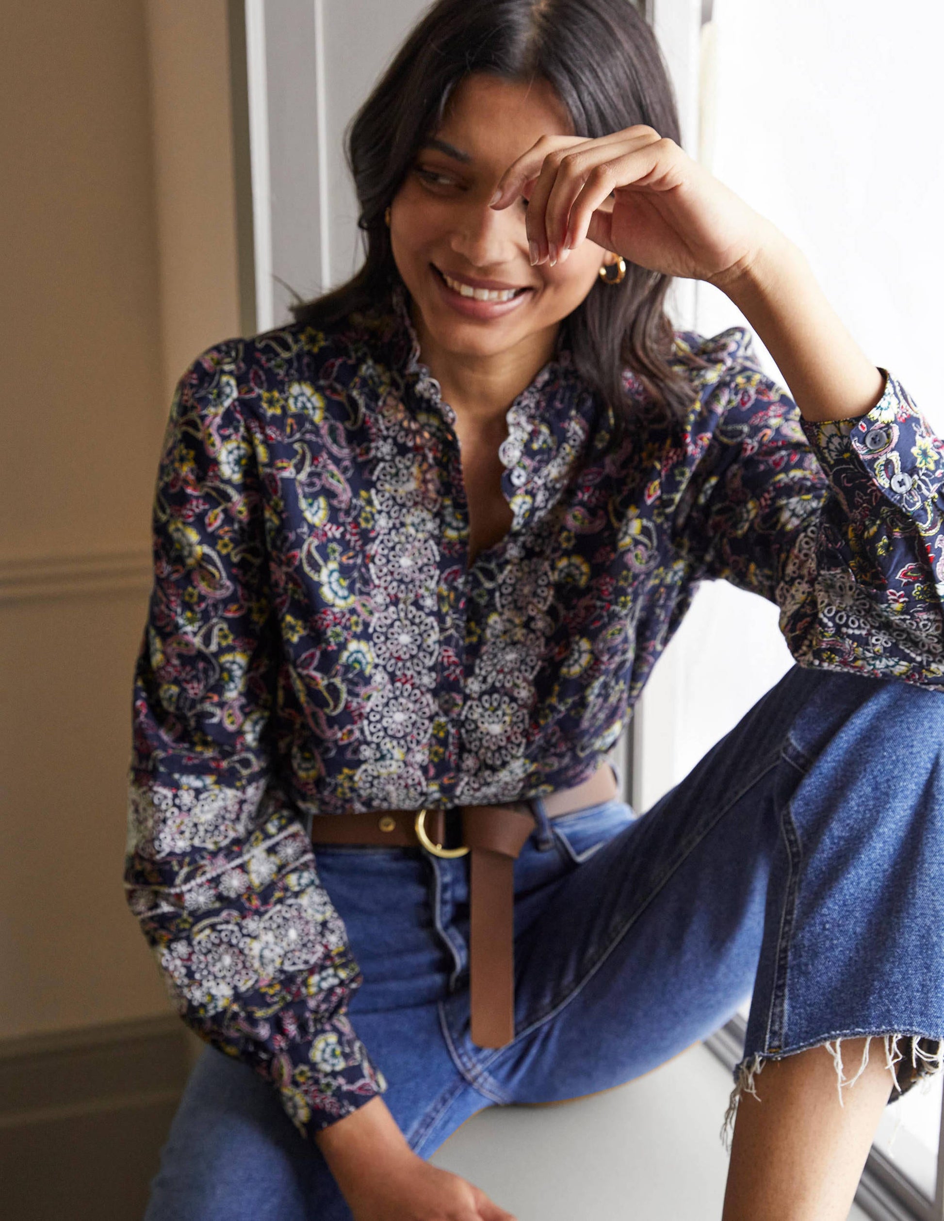 Broderie Cotton Blouse-French Navy, Exotic Floral-3