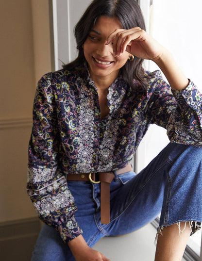 Broderie Cotton Blouse-French Navy, Exotic Floral-3