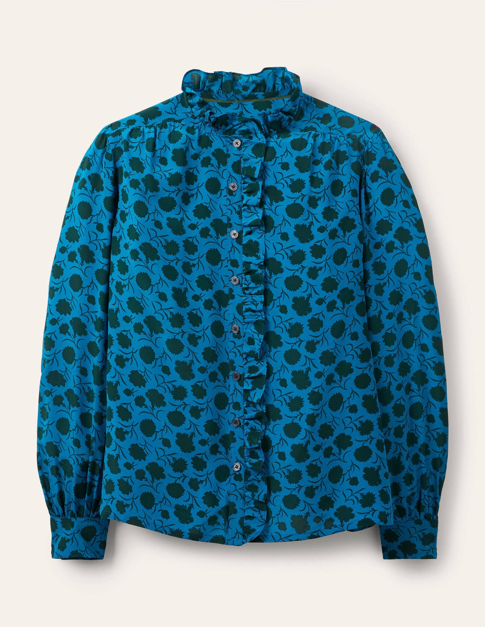 High Neck Ruffle Silk Blouse-Winter Azure, Leafy Bud - Image 6