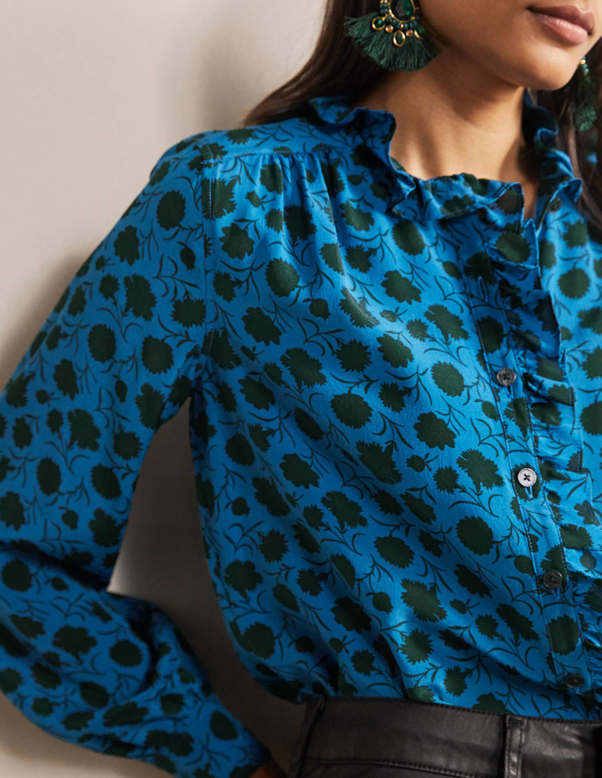 High Neck Ruffle Silk Blouse-Winter Azure, Leafy Bud - Image 2