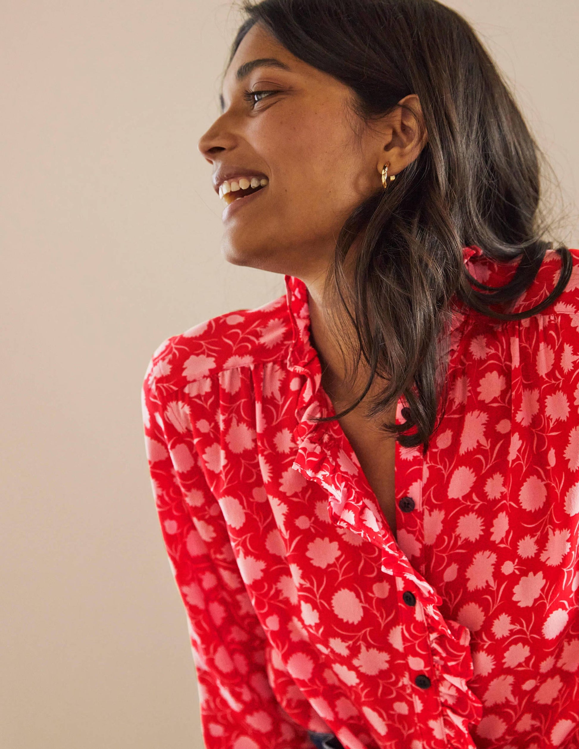 High Neck Ruffle Silk Blouse-Poppadew, Leafy Bud-1