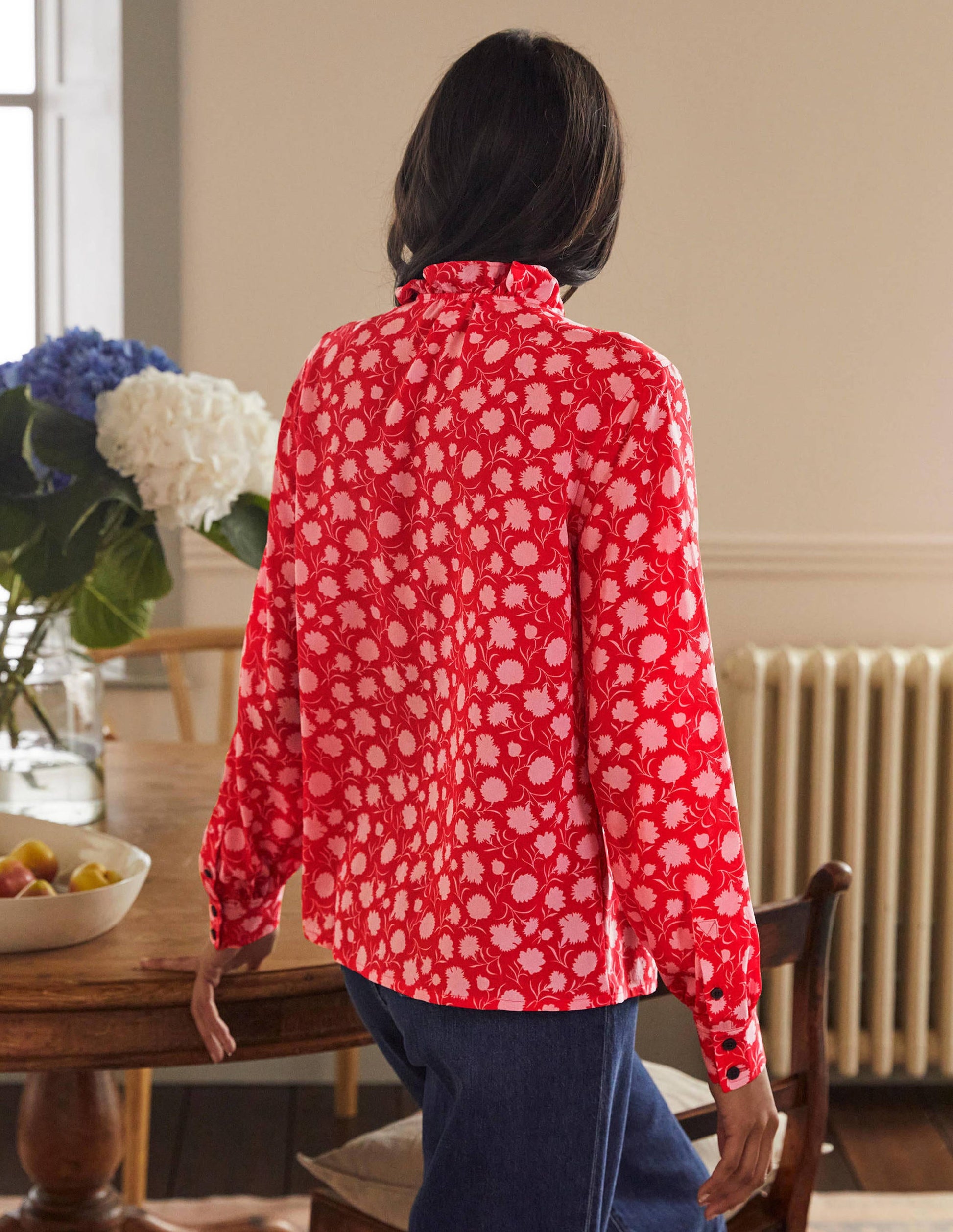 High Neck Ruffle Silk Blouse-Poppadew, Leafy Bud-2