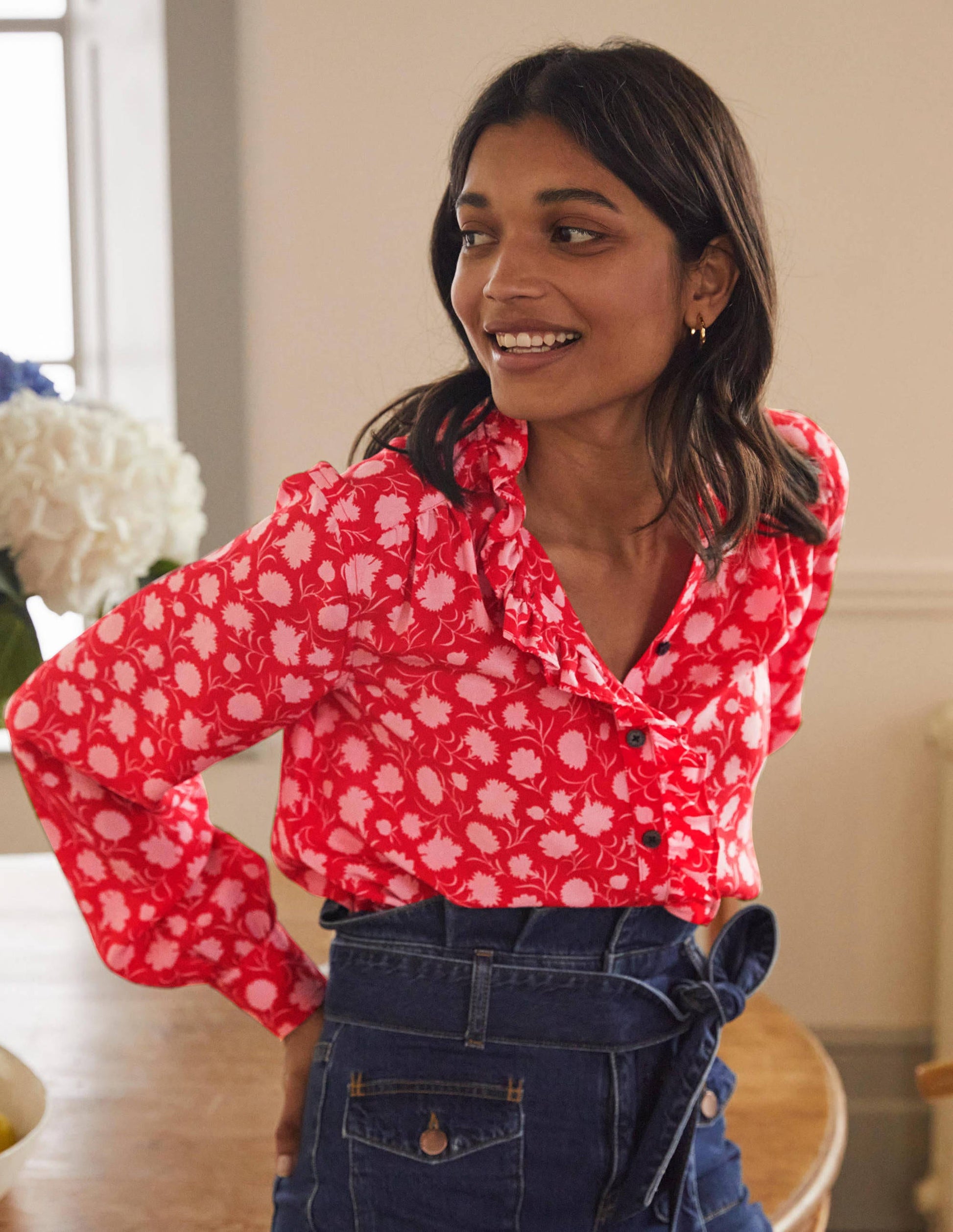 High Neck Ruffle Silk Blouse-Poppadew, Leafy Bud-4