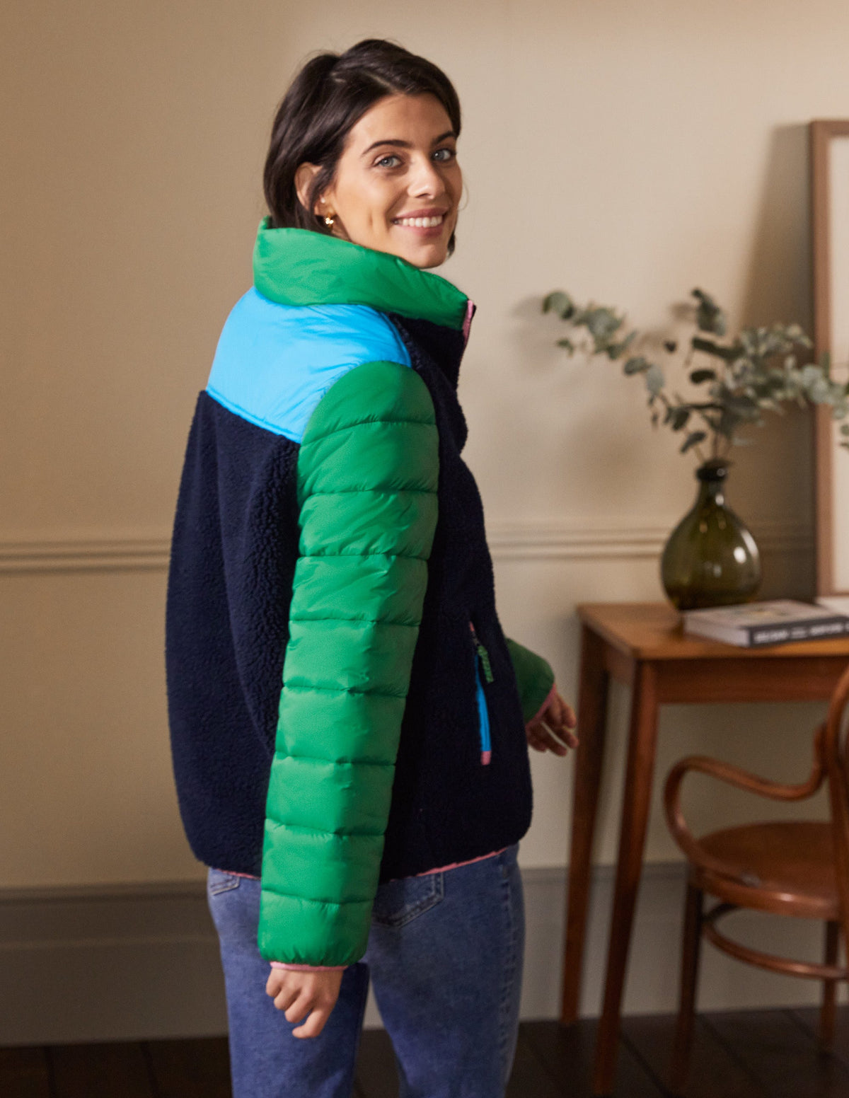 Borg Mix Puffer Jacket-Navy/Conifer Green - Image 3