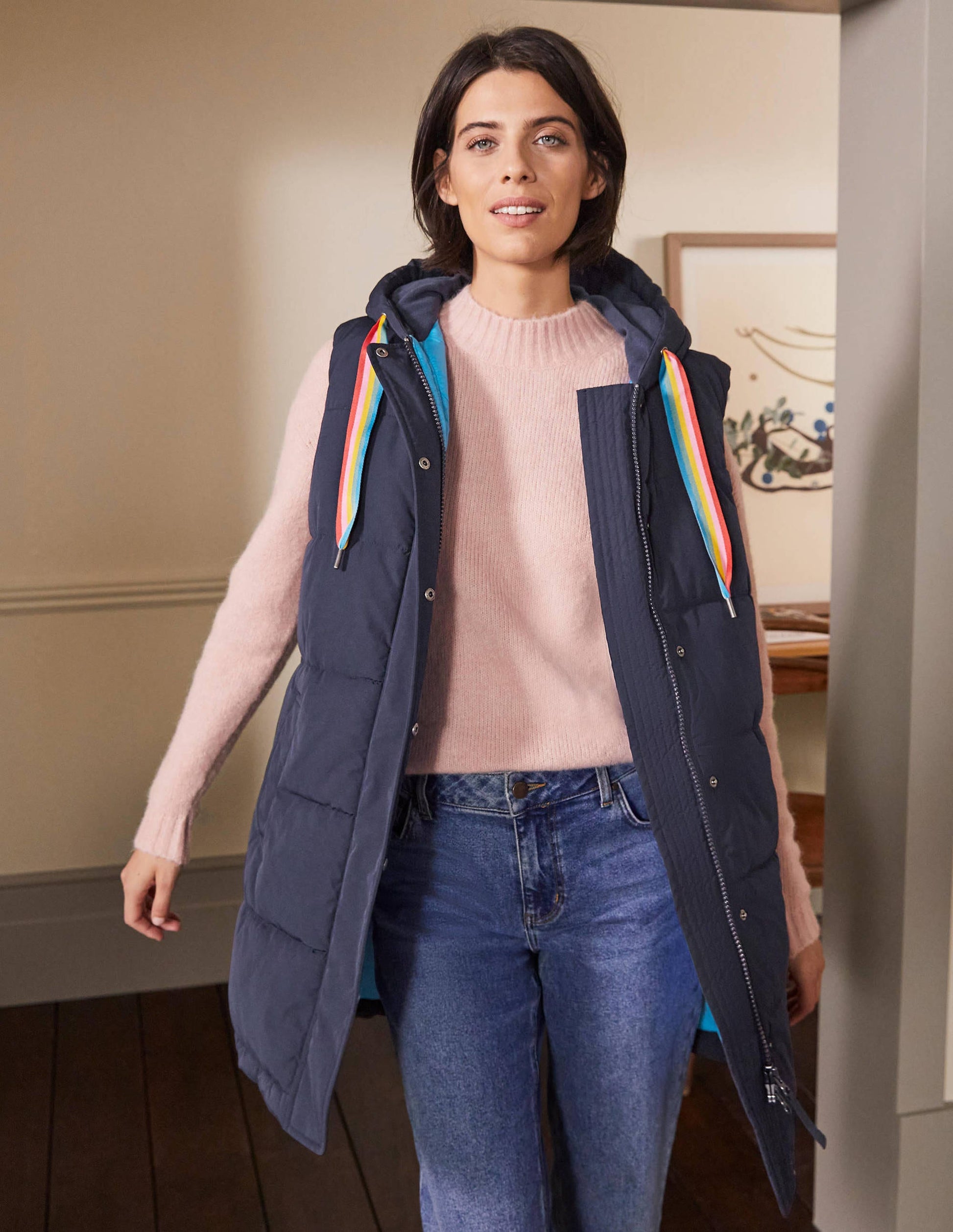 Long Puffer Gilet-Navy/Milkshake-1