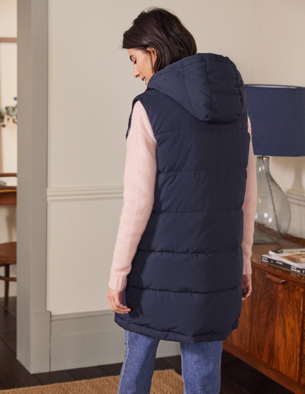 Long Puffer Gilet-Navy/Milkshake-3