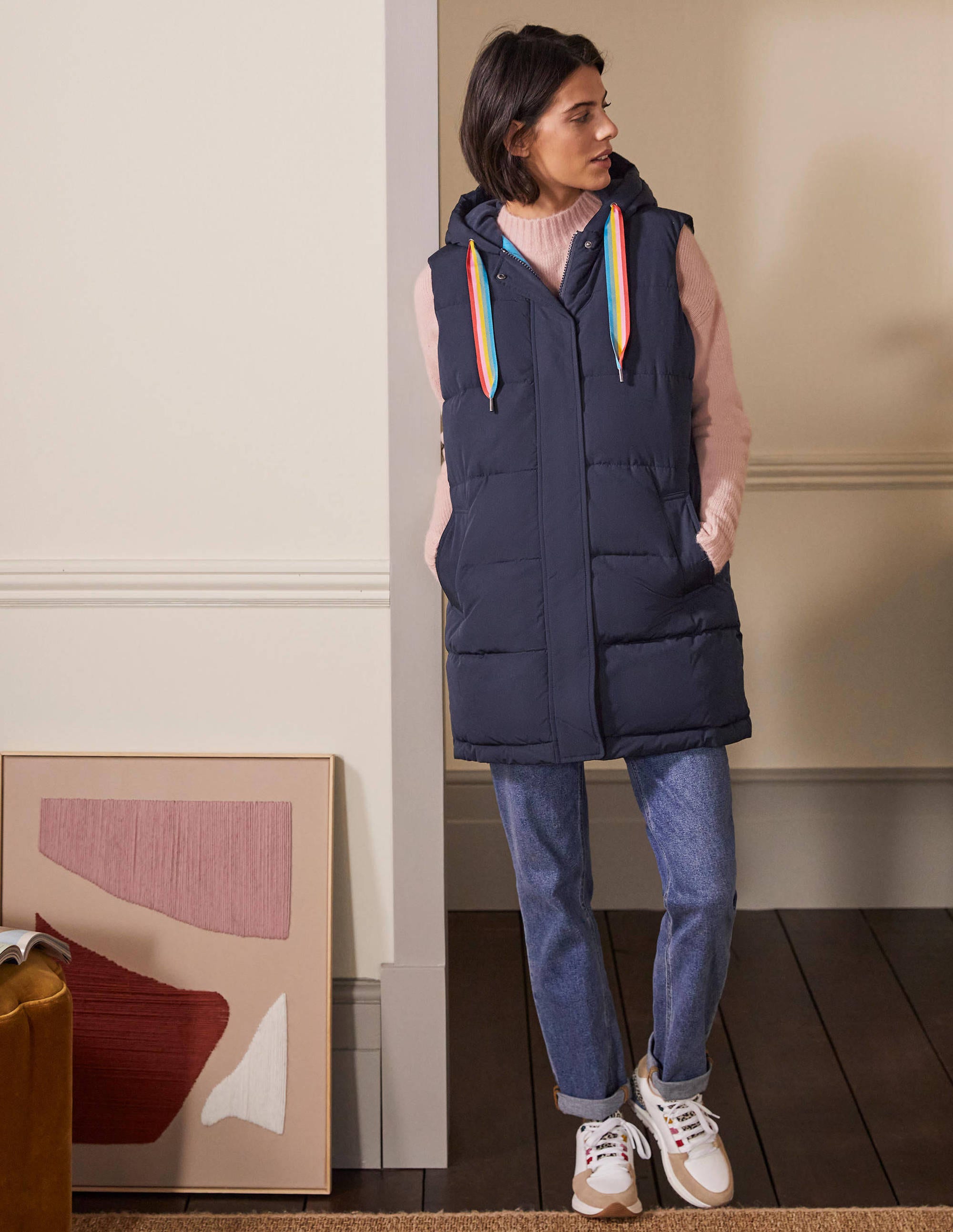 Long Puffer Gilet-Navy/Milkshake - Image 4