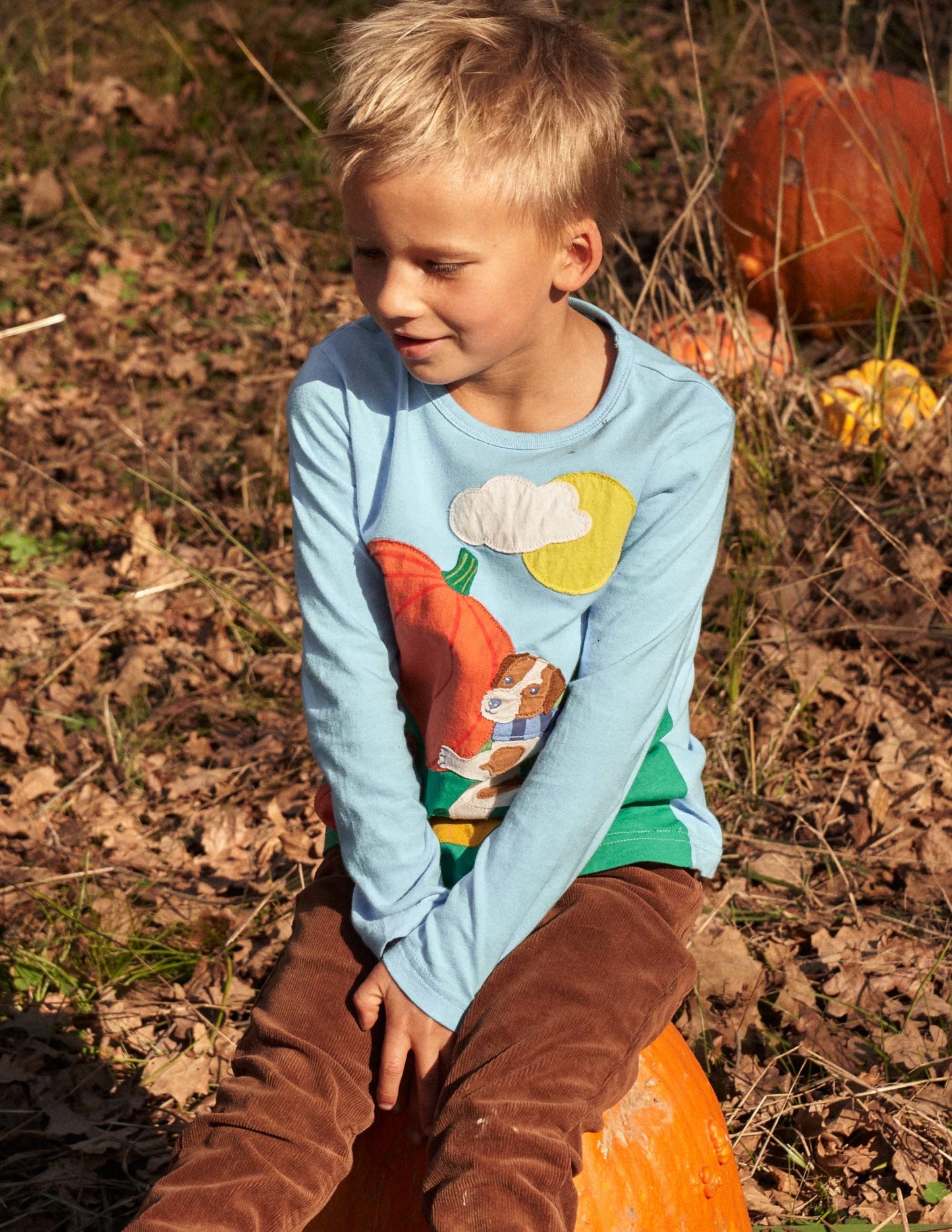 Blue Pumpkin Appliqué Long-Sleeved Halloween T-shirt-Surfboard Blue Pumpkin