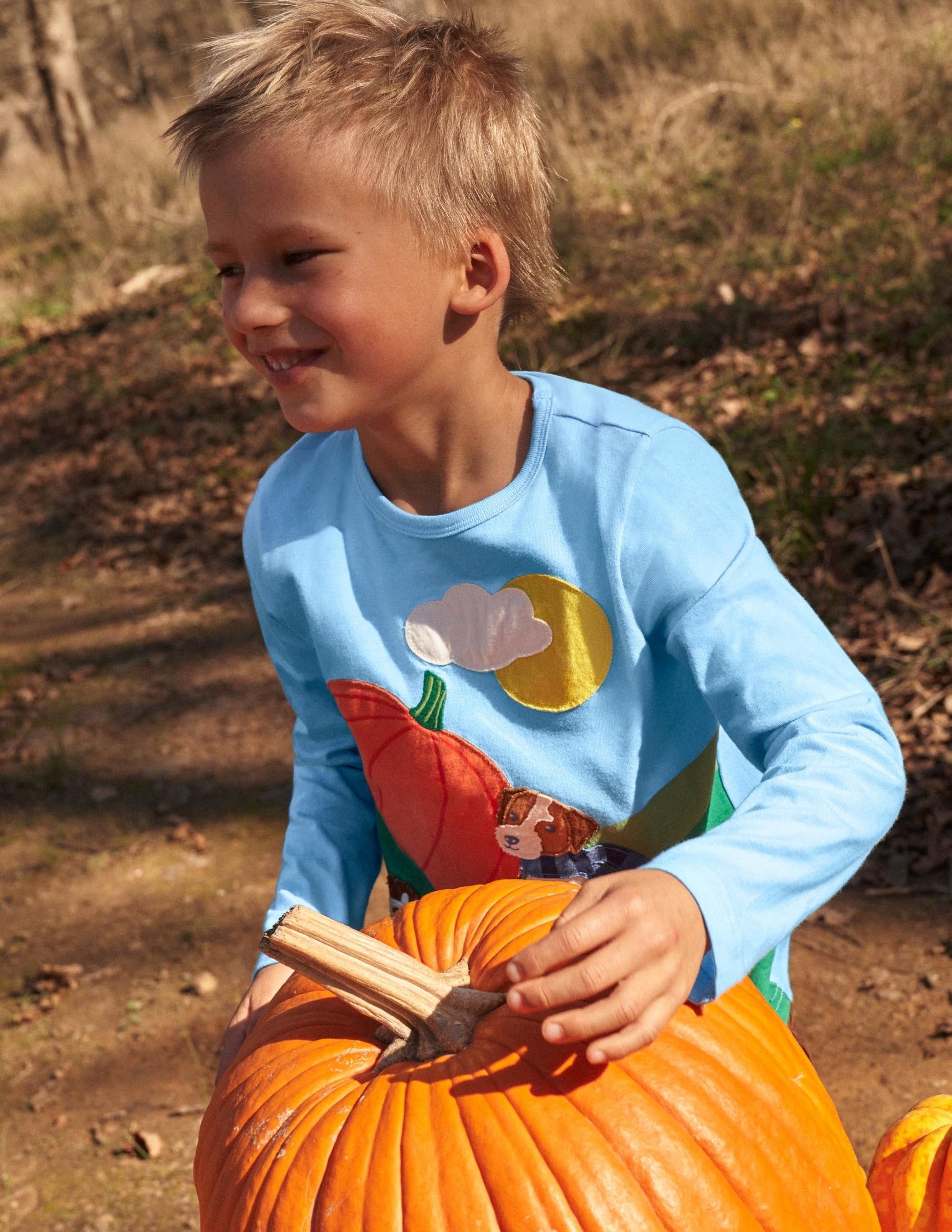 Blue Pumpkin Appliqué Long-Sleeved Halloween T-shirt-Surfboard Blue Pumpkin-7