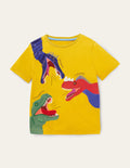 Peeking In Appliqué T-shirt-Daffodil Yellow Dinosaurs