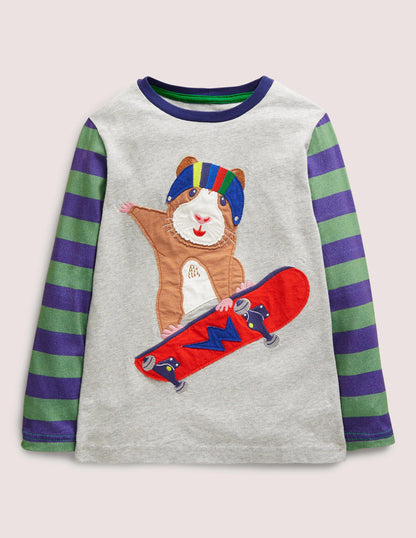 Appliqué Hotchpotch T-shirt-Grey Marl Boarding Guinea Pig