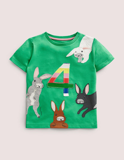 Birthday Appliqué T-shirt-Aloe Green Bunnies Four-1