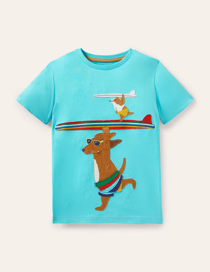Beach Appliqué T-shirt-Turquoise Blue Surfing Dog-1
