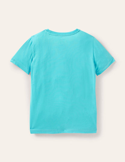 Beach Appliqué T-shirt-Turquoise Blue Surfing Dog-2