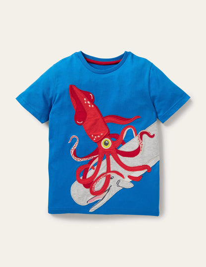 Underwater Appliqué T-shirt-Moroccan Blue Squid