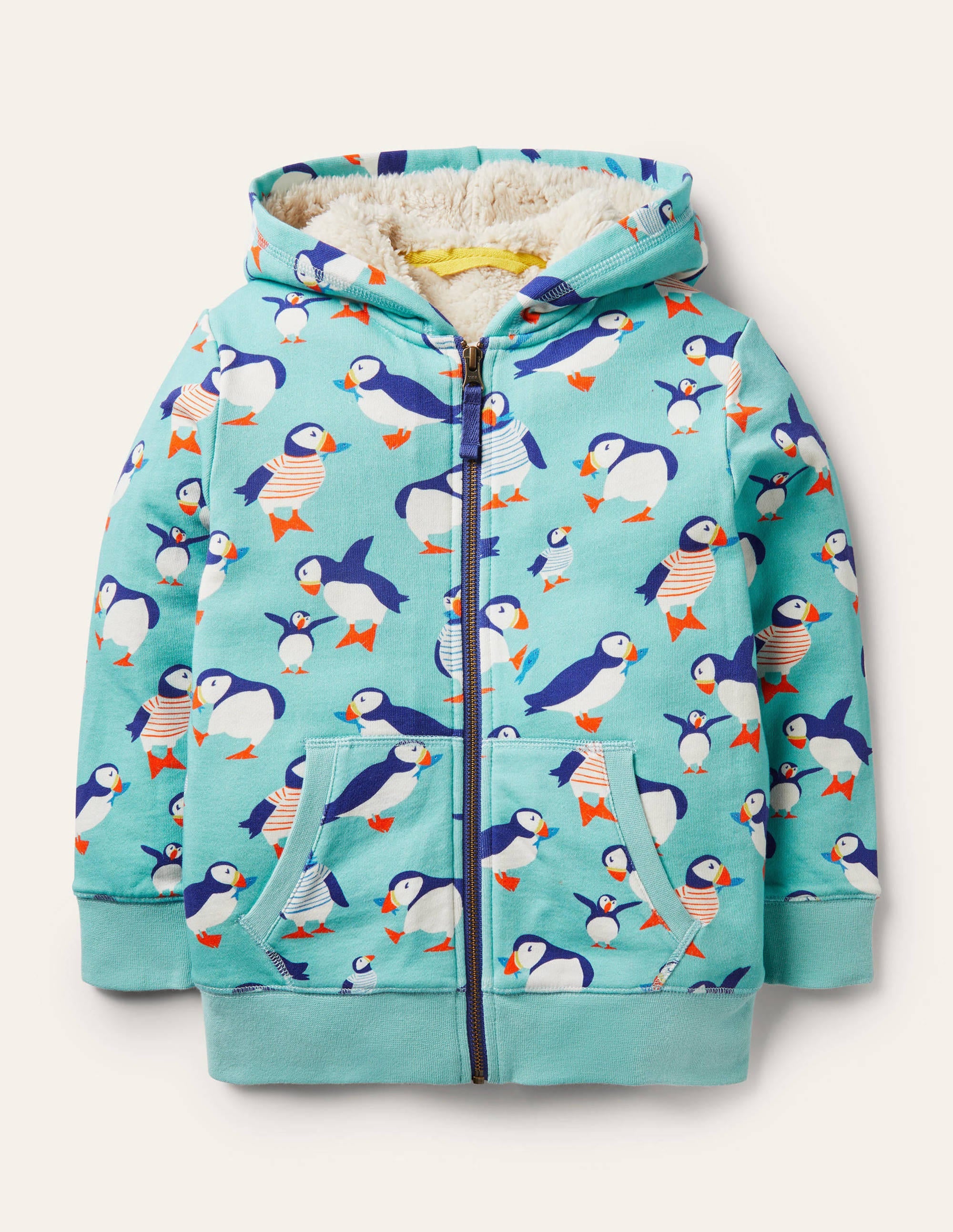 Shaggy-lined Interest Hoodie-Aqua Blue Puffins - Image 1
