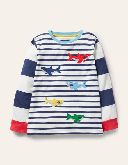 Appliqué Breton T-shirt-College Navy/Ivory Sharks