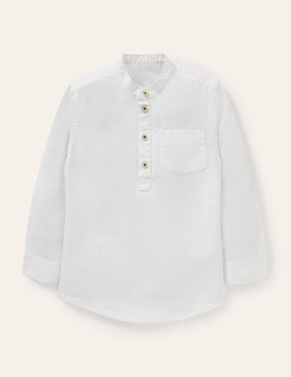Linen Cotton Grandad Shirt-White-1