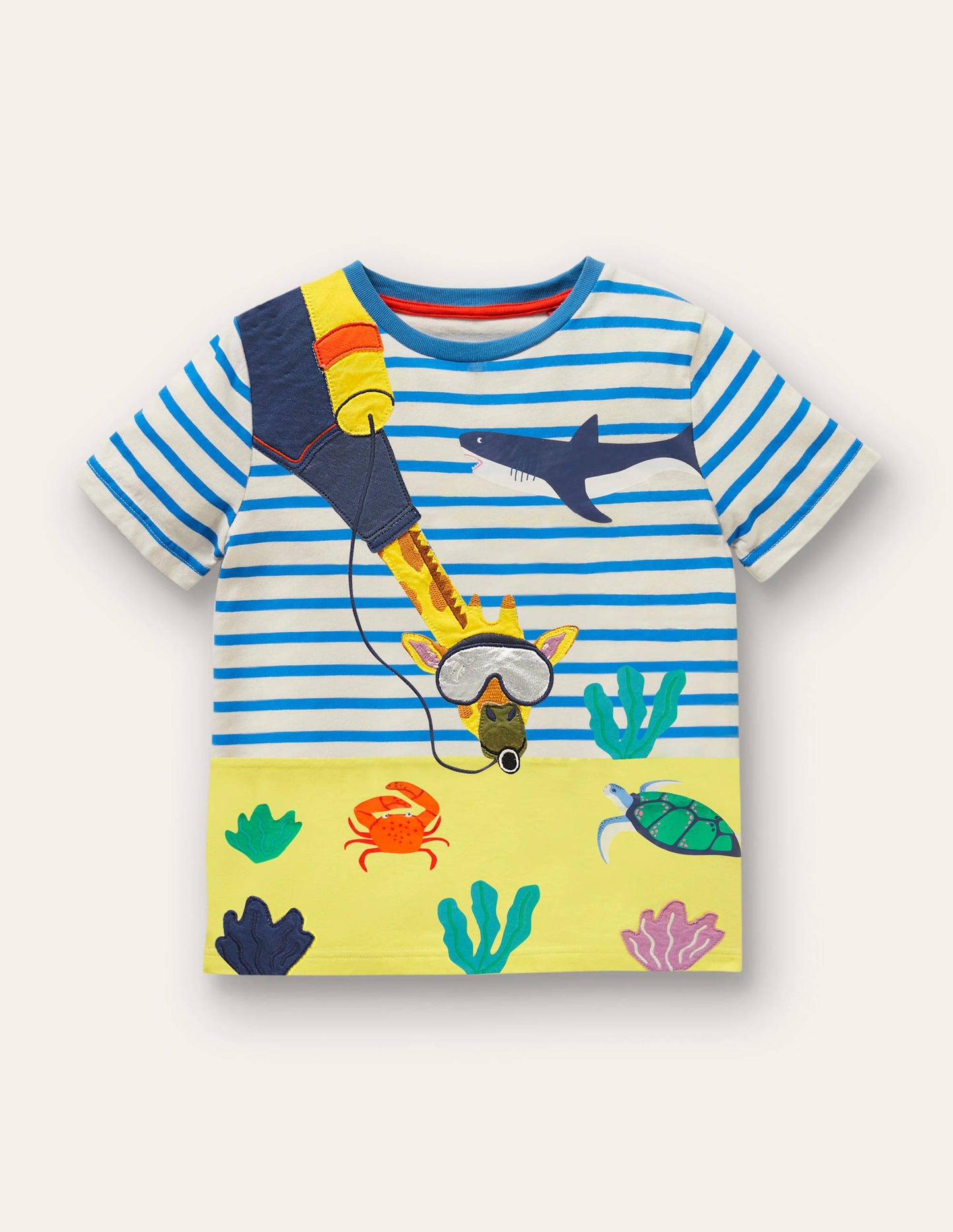 Stripy Animal Appliqué T-shirt-Ivory/Moroccan Blue Giraffe