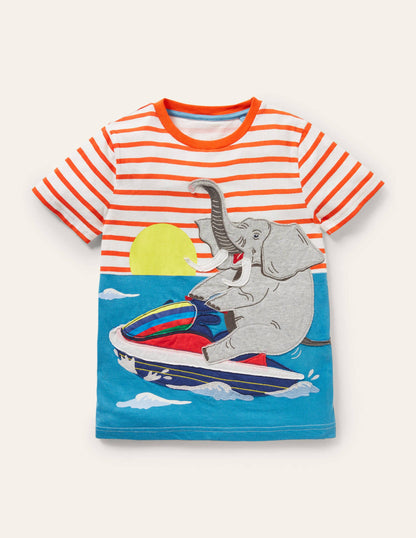 Stripy Animal Appliqué T-shirt-Ivory/Mandarin Orange Elephant-2