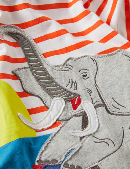 Stripy Animal Appliqué T-shirt-Ivory/Mandarin Orange Elephant-4