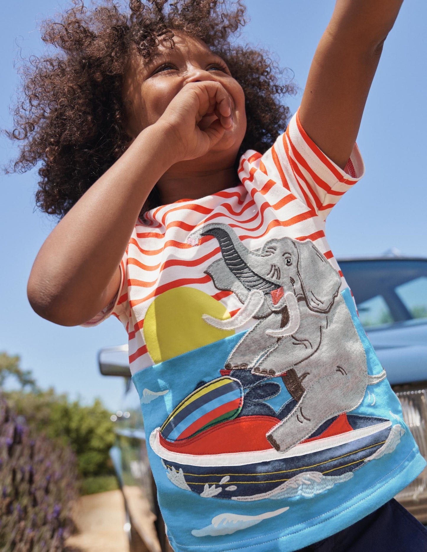 Stripy Animal Appliqué T-shirt-Ivory/Mandarin Orange Elephant