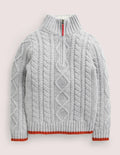 Grey Half Zip Cable Knit Jumper-Grey Marl Cable