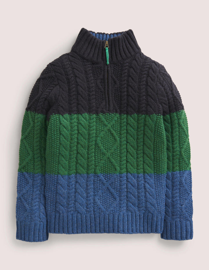 Colourblock Half Zip Cable Knit Jumper-Multi Colourblock