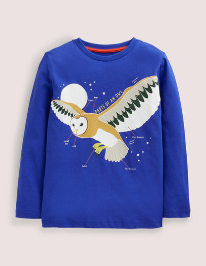 Blue Owl Print Long-Sleeved T-shirt-Brilliant Blue Owl-1