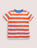 Striped Washed Slub T-shirt-Mandarin Red/ Oatmeal Marl