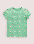 Short-Sleeved Pointelle Top-Green Daisies/Strawberries