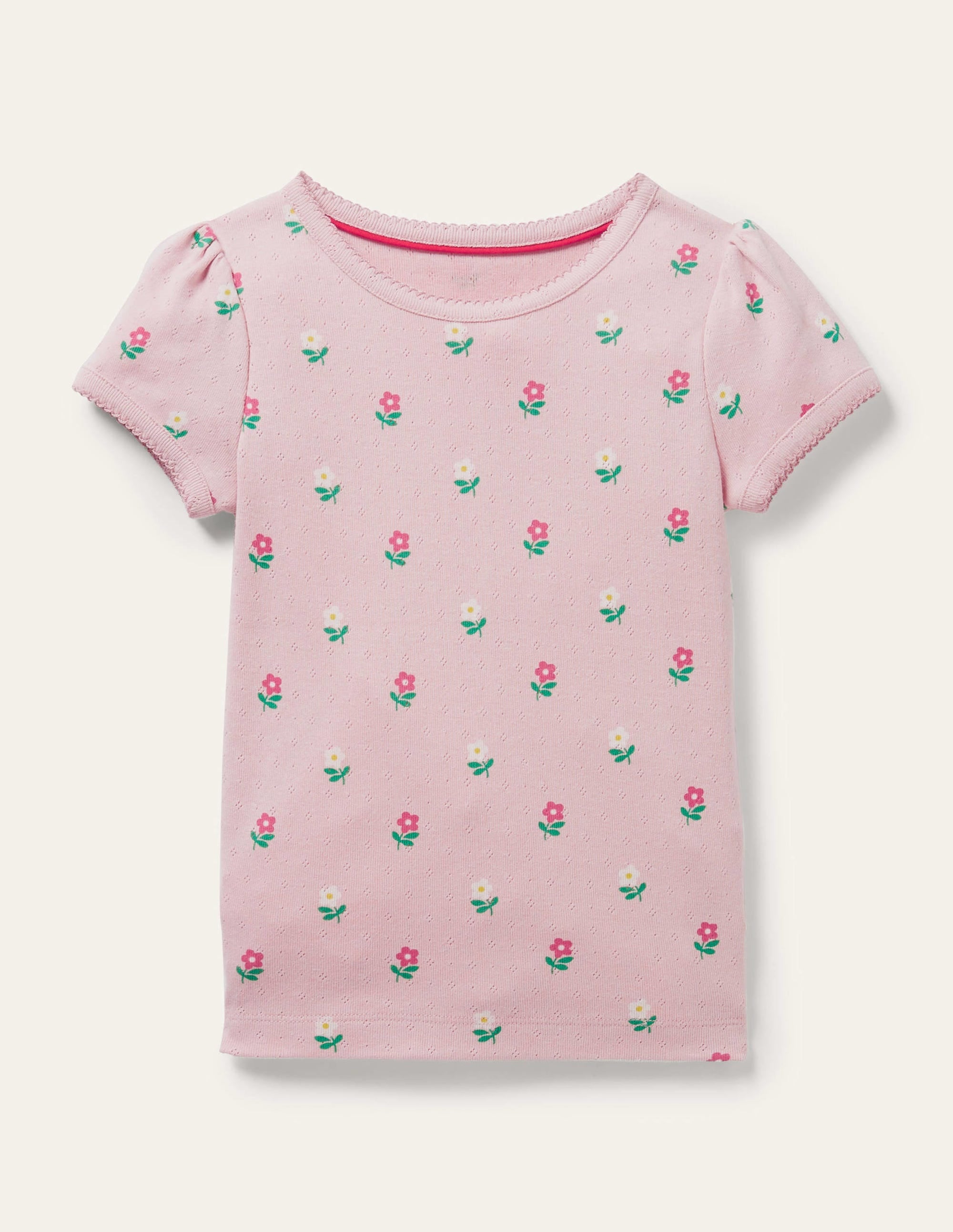 Short-Sleeved Pointelle Top-Boto Pink Little Flowers - Image 1