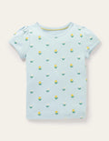 Short-Sleeved Pointelle Top-Neptune Blue Little Flower