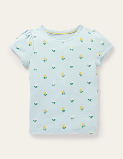 Short-Sleeved Pointelle Top-Neptune Blue Little Flower-1