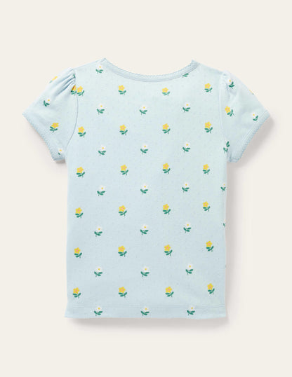 Short-Sleeved Pointelle Top-Neptune Blue Little Flower-2