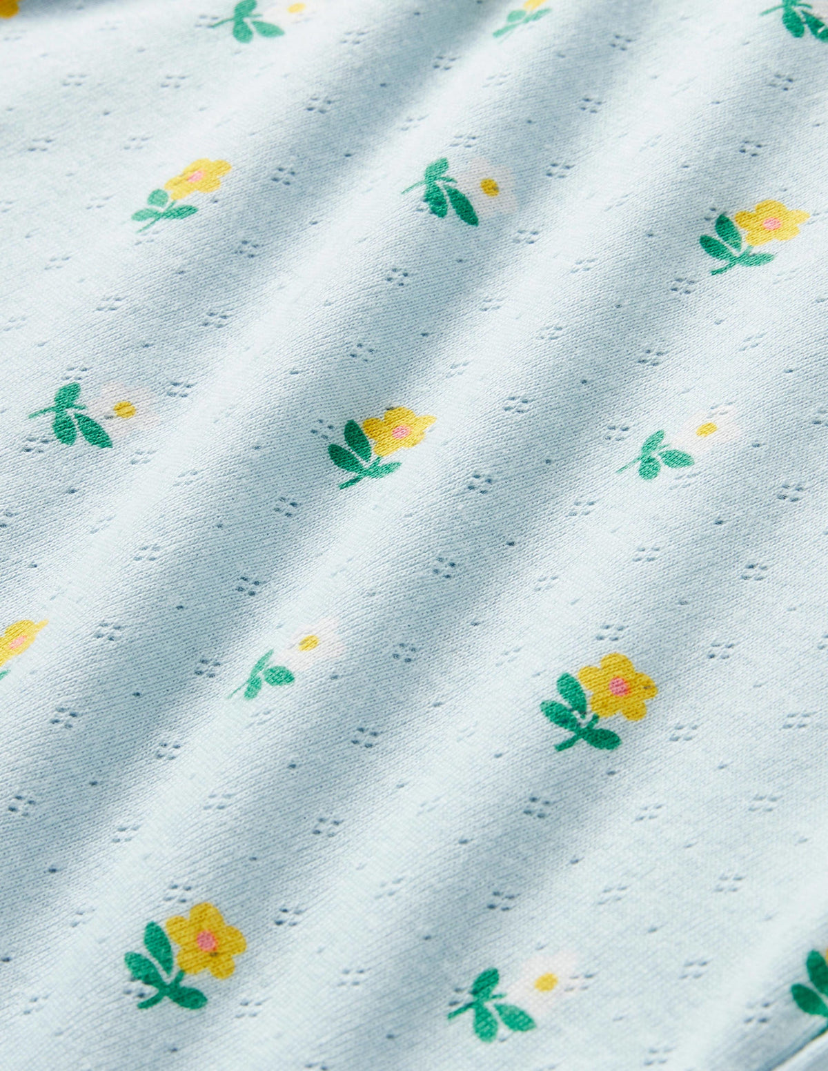 Short-Sleeved Pointelle Top-Neptune Blue Little Flower - Image 3