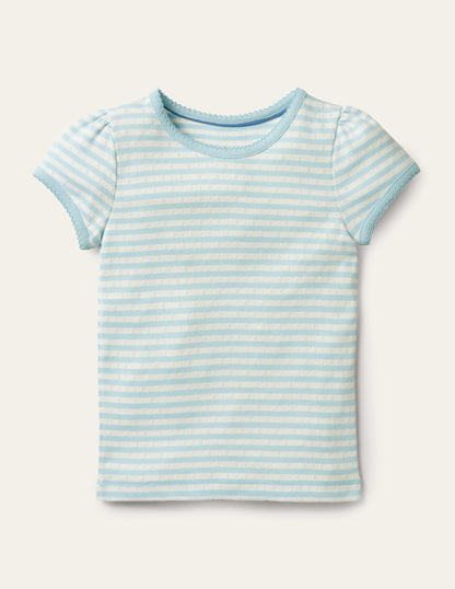 Short-Sleeved Pointelle Top-Light Celeste Blue/Ivory