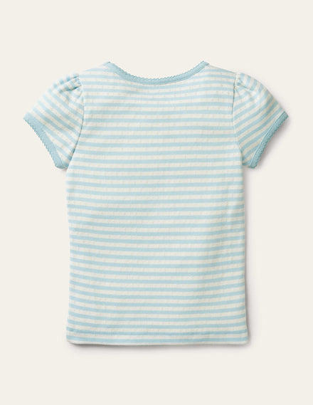 Short-Sleeved Pointelle Top-Light Celeste Blue/Ivory