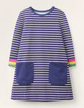 Blue Stripe Fun Pocket Jersey Dress-Starboard Blue Rainbow Cuff