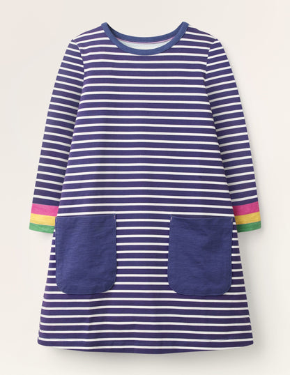 Blue Stripe Fun Pocket Jersey Dress-Starboard Blue Rainbow Cuff-1