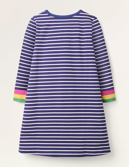 Blue Stripe Fun Pocket Jersey Dress-Starboard Blue Rainbow Cuff-2