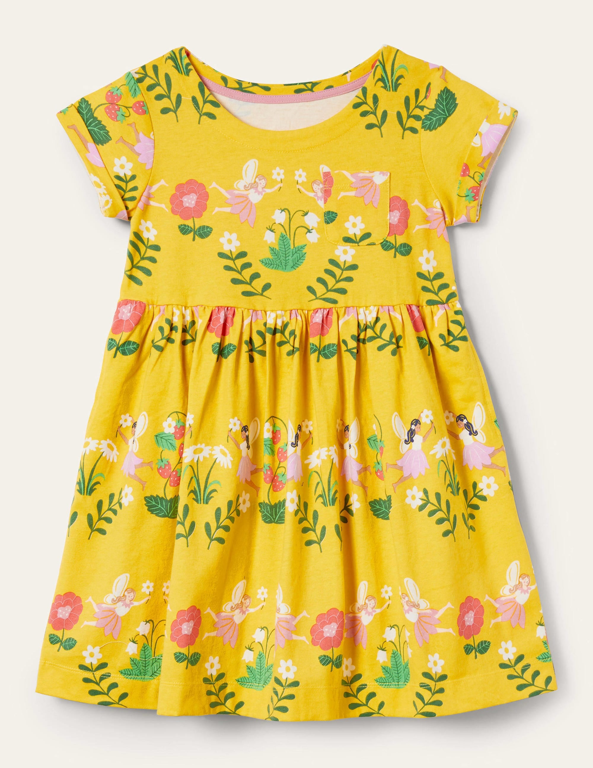 Short Sleeve Fun Jersey Dress-Sweetcorn Yellow Fairies - Image 1