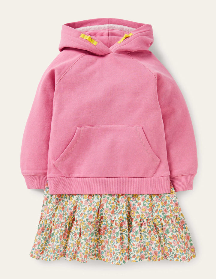 Cosy Hooded Sweat Dress-Pink Ditsy Floral